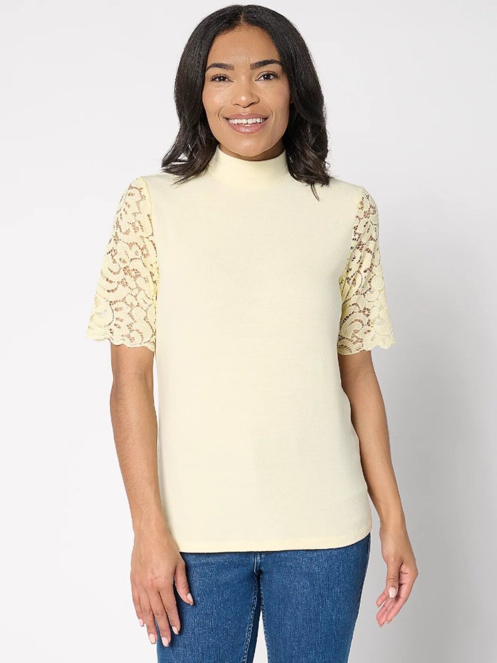 BEAUTIFUL by Lawrence Zarian Lace Sleeve Turtleneck Top, Yellow Sz XL a677490